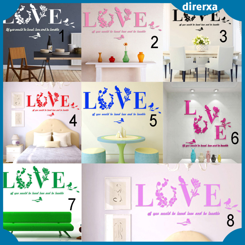 Sticker Gương Dán Tường 3d Hình Lá Và Chữ Love