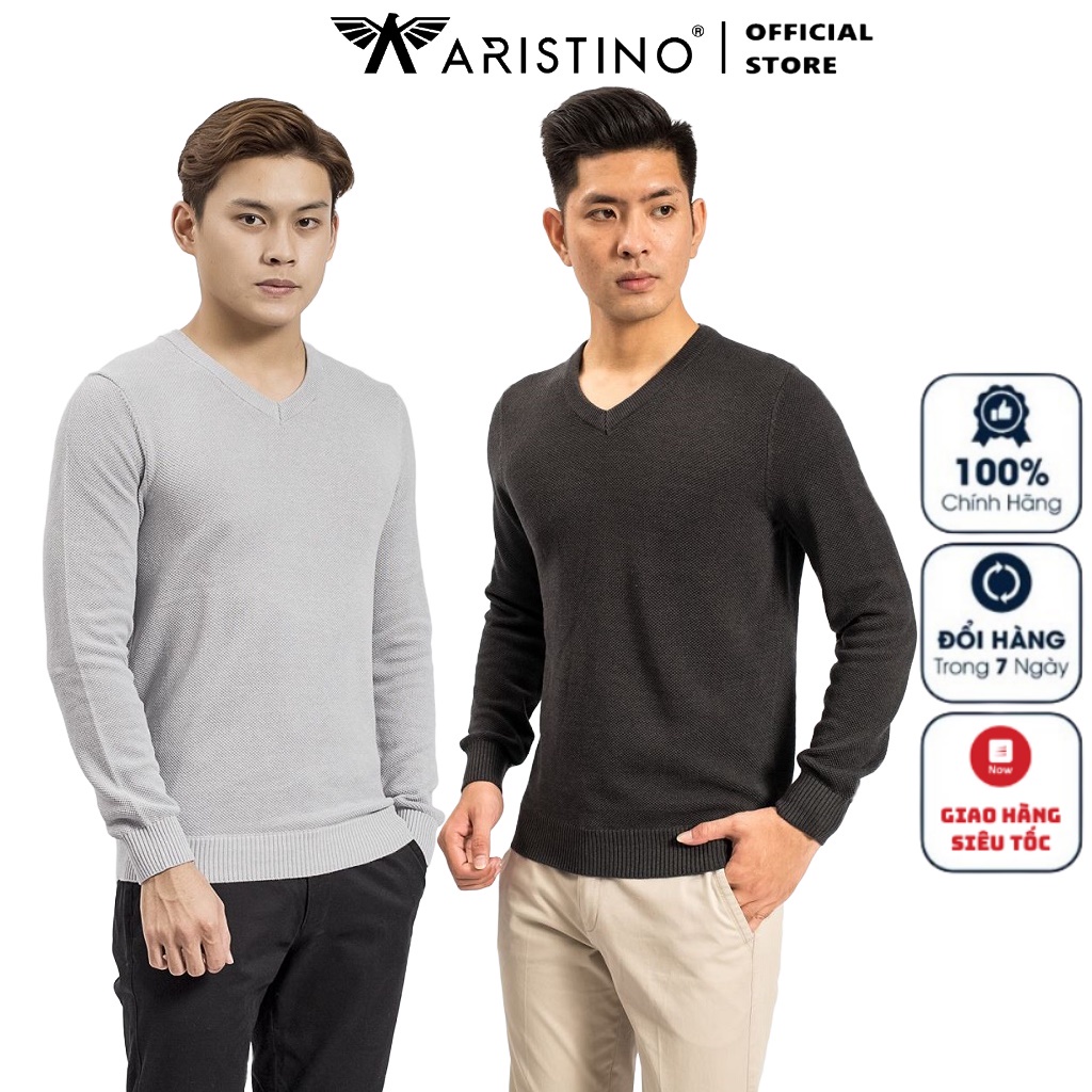 Áo Len Nam Cổ V Tim Aristino AWO012W8 Dáng Slim Fit bo gấu cổ tay dệt nổi đơn giản và tinh tế Len Acrylic nhẹ ấm đàn hồi