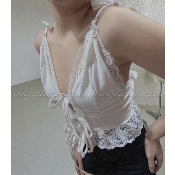 áo croptop hai dây phối viền ren chất thun gân, ảnh thật