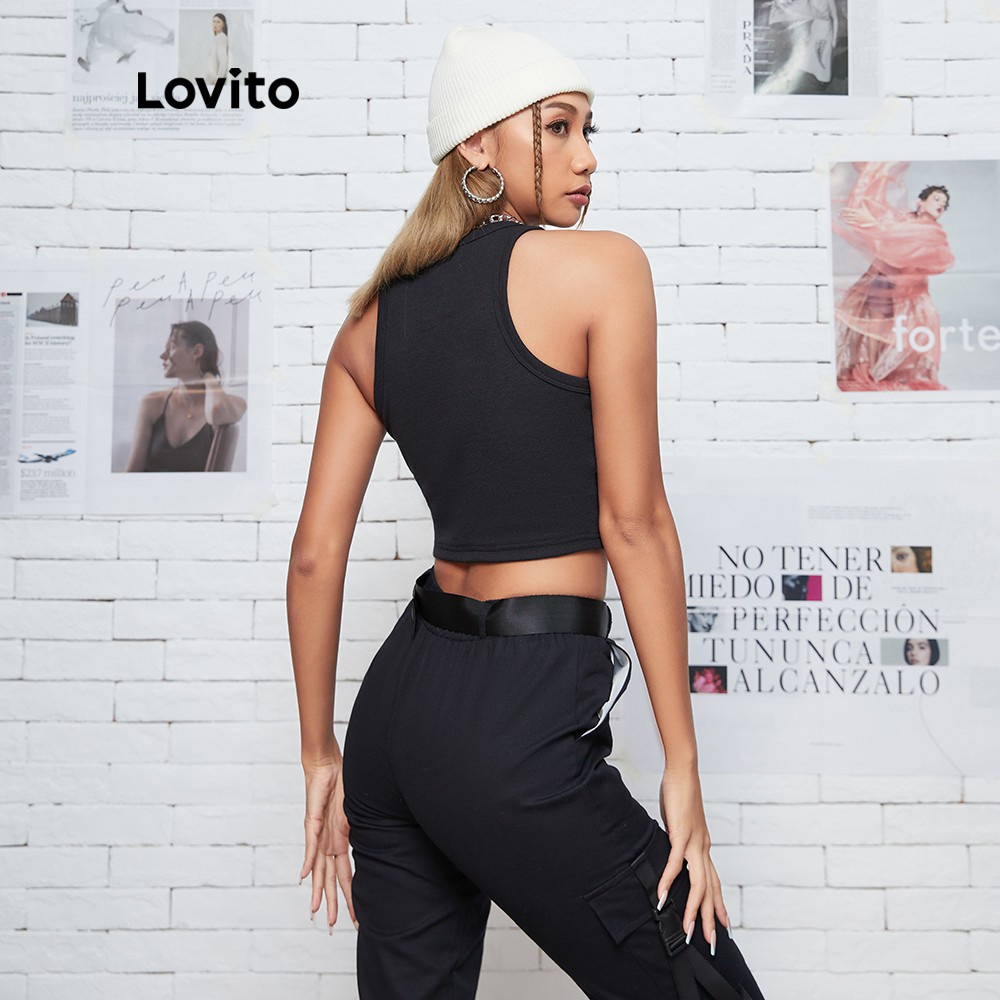 Áo croptop sát nách Lovito không tay in chữ phong cách thường ngày L08145 (đen) | BigBuy360 - bigbuy360.vn