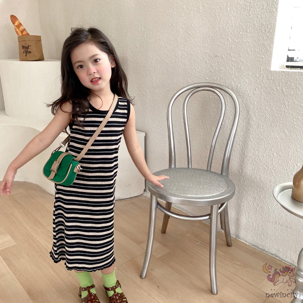 Đầm Sát Nách In Họa Tiết Kẻ Sọc Thời Trang Mùa Hè Hàn Quốc Cho Bé Gái