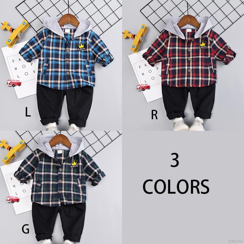 Set áo sơ mi ca rô dài tay có mũ + Quần dài cho bé trai