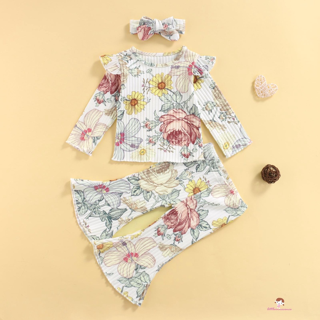 Bộ Áo Thun Tay Dài In Hoa + Quần Ống Loe + Băng Đô Thời Trang Cho Bé Gái Q7-Kid