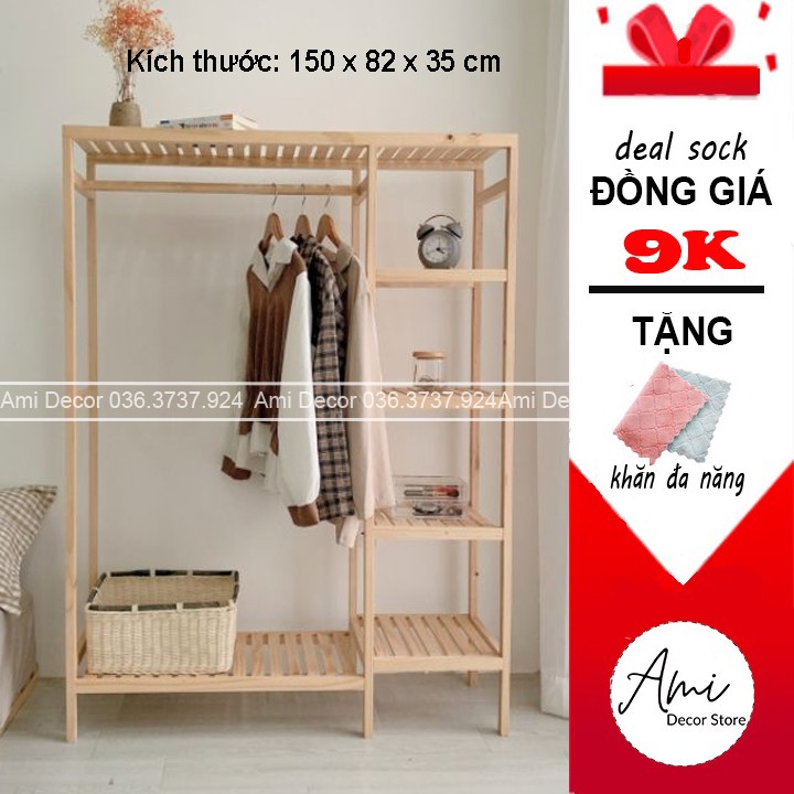 Tủ, kệ treo quần áo 2 buồng Hàn Quốc - decor trang trí shop thời trang, phòng ngủ - tủ gỗ thông 150 x 82 x 35 cm