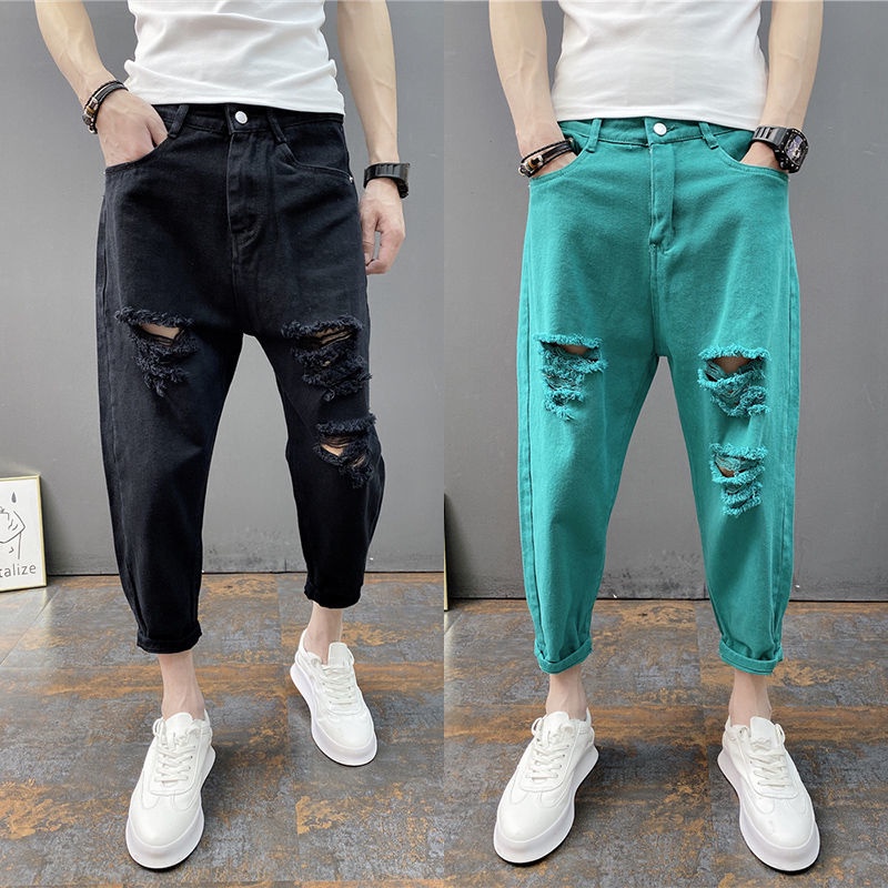 【Spot】Quần Jean Bút Chì Chín Tấc Mỏng Dáng Rộng Rách Lỗ Rách Mùa Hè Cho Nam