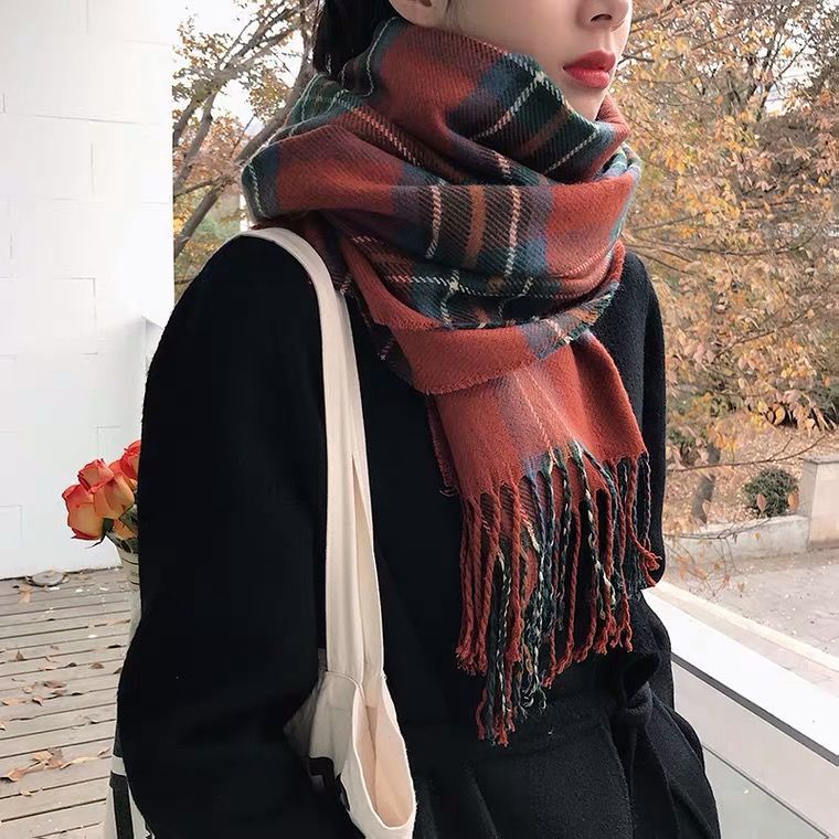 Khăn choàng cổ kẻ sọc caro chất liệu dày dặn giữ ấm cho nữ
