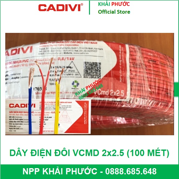 DÂY ĐIỆN ĐÔI MỀM DẸT DẸP VCMD 2x50 2 x 2.5 mm2 CADIVI MÀU ĐỎ VÀNG XANH ĐEN TRẮNG CUỘN 100M CHÍNH HÃNG, GIÁ RẺ KHẢI PHƯỚC