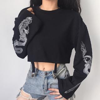 Áo Croptop Tay Dài Cổ Tròn Hoạ Tiết In Thiết Kế Dáng Rộng Thoải Mái