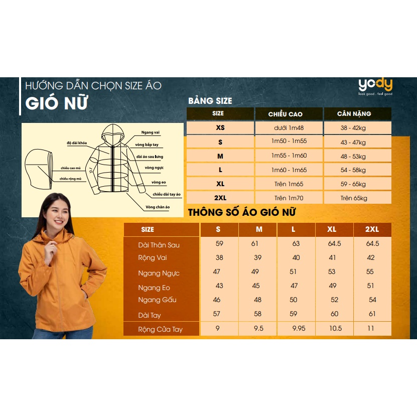 Áo gió nữ phối lưng YODY 2 lớp ấm áp nhẹ cản gió cản bụi cản nước AKN4024