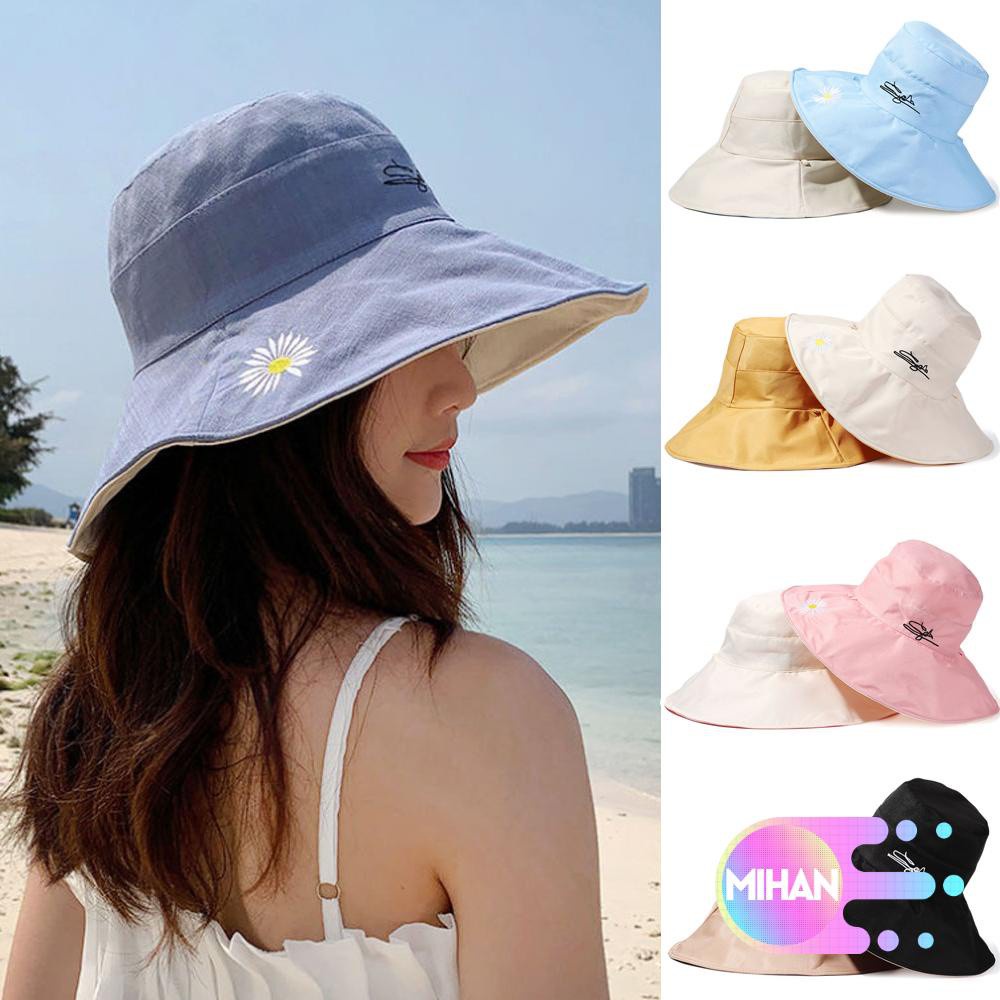 Mũ Tai Bèo Rộng Vành Hai Mặt Chống Tia Uv Có Dây Đeo Có Thể Gập Lại Dành Cho Nữ Mihan1