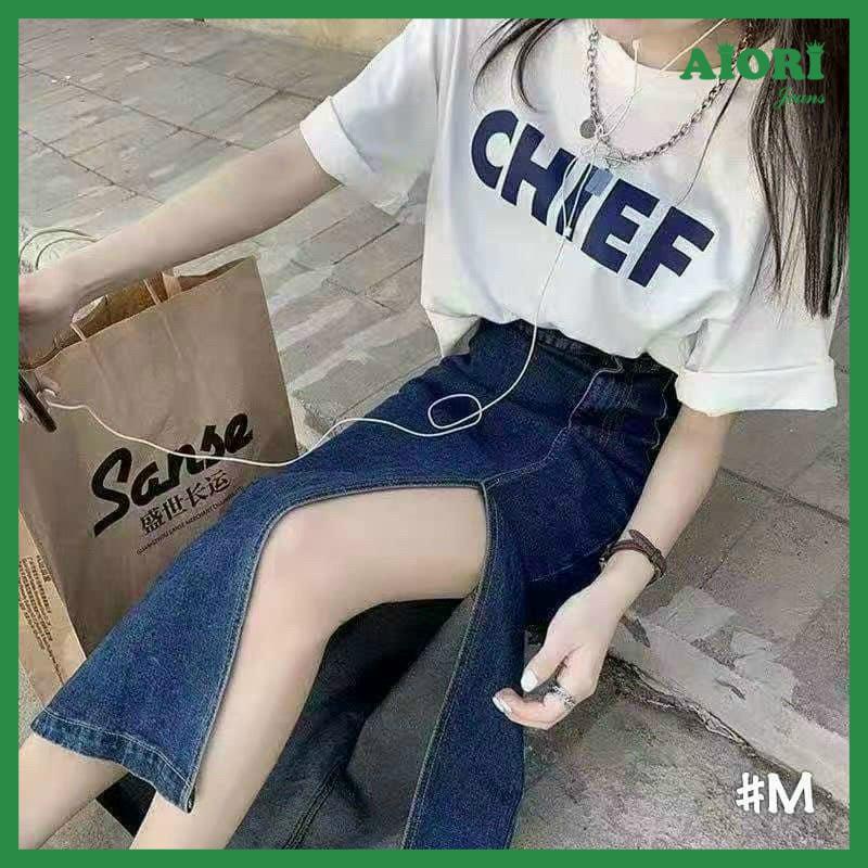Chân Váy Jean nữ AIORI Dài Dáng Chữ A Xẻ Tà Thời Trang Hàn Quốc_Mã V02