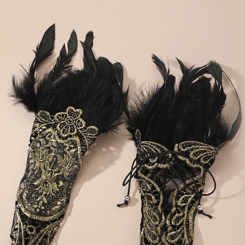 Găng Tay Ren Thêu Lông Vũ Phong Cách Gothic Có Thể Điều Chỉnh Kích Cỡ