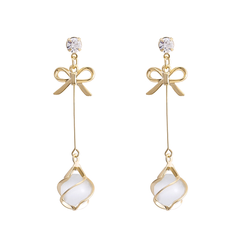 Bông tai dáng dài phối họa tiết nơ đính đá mắt mèo phong cách Hàn Quốc thời trang