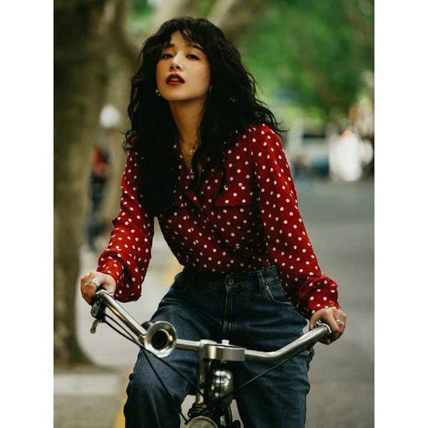 Áo Sơmi Đỏ Chấm Bi Retro Phong Cách Thập Niên 80 Diamondcloset Order