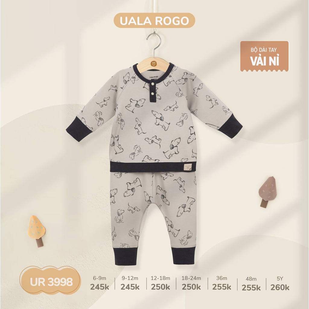 Bộ QA dài tay UalaRogo chất liệu nỉ họa tiết màu sắc trung tính cho bé 6 tháng - 5 tuổi