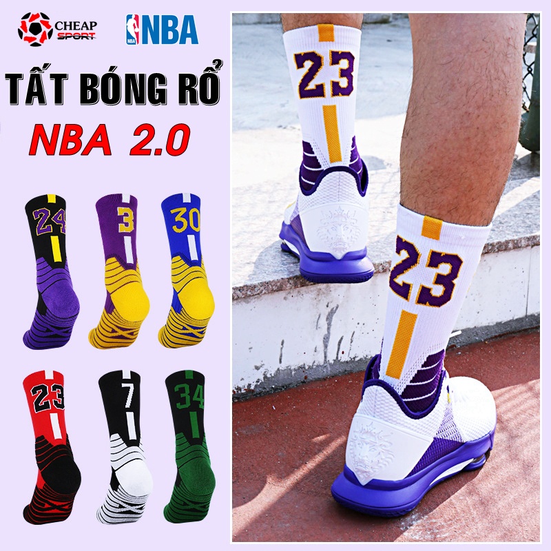 Tất Bóng Rổ 2.0 Cao Cấp, Vớ NBA Chuyên Dụng Chống Trơn Trượt In Số Cầu Thủ Kobe Curry Jordan King James Irving Giannis