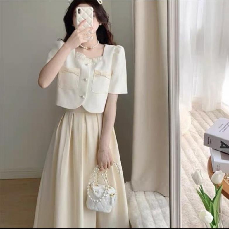 SET ÁO CROPTOP KEM BÈO CỔ NƠ 2 BÊN + CHÂN VÁY MIDI DẼ THƯƠNG