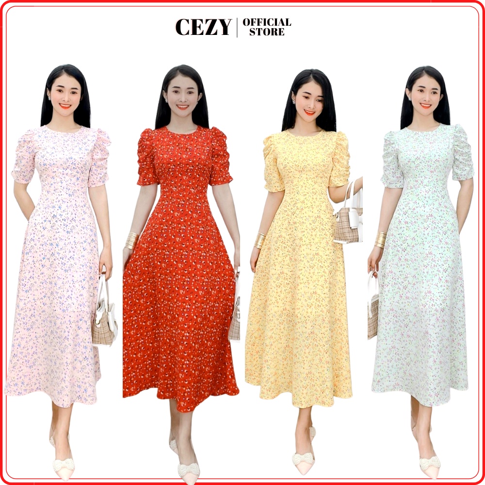 Đầm hoa nhí cổ tròn tay phồng dáng xòe dài có size bigsize CEZY D81