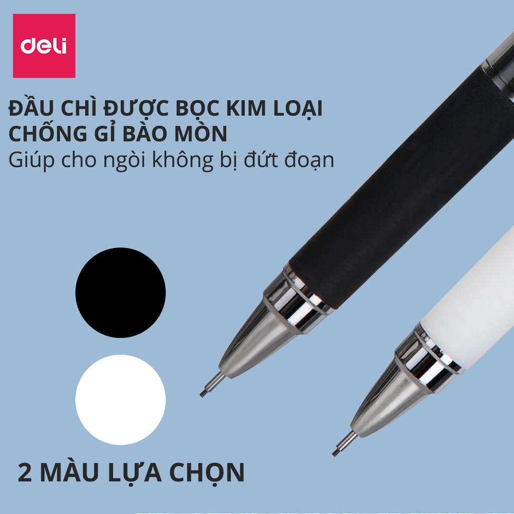 Bút chì kim bấm học sinh Deli - ngòi 0.5mm/0.7mm màu đen/trắng có đệm bảo vệ tay khi cầm dùng cho văn phòng, nhà trường