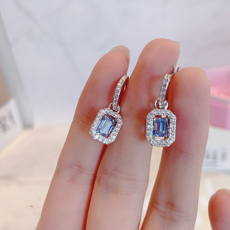 Swarovski Bông Tai Hình Vuông Đính Đá Pha Lê Màu Xanh Dương Xinh Xắn Cho Nữ