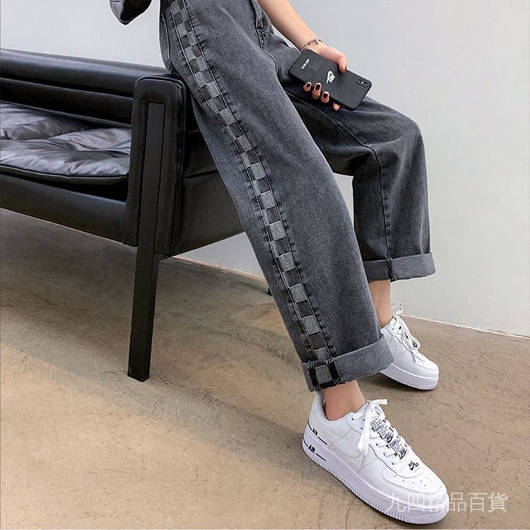 Quần Jeans ống rộng kẻ sọc ca rô Size lớn thời trang mùa thu dành cho nữ 2021
