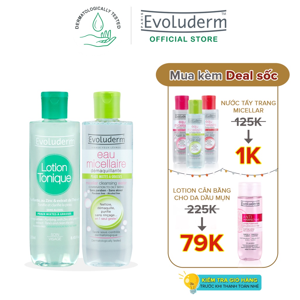 Bộ Nước tẩy trang Evoluderm 250ml và Nước hoa hồng Evoluderm 250ml cho da hỗn hợp da dầu-16295-16289