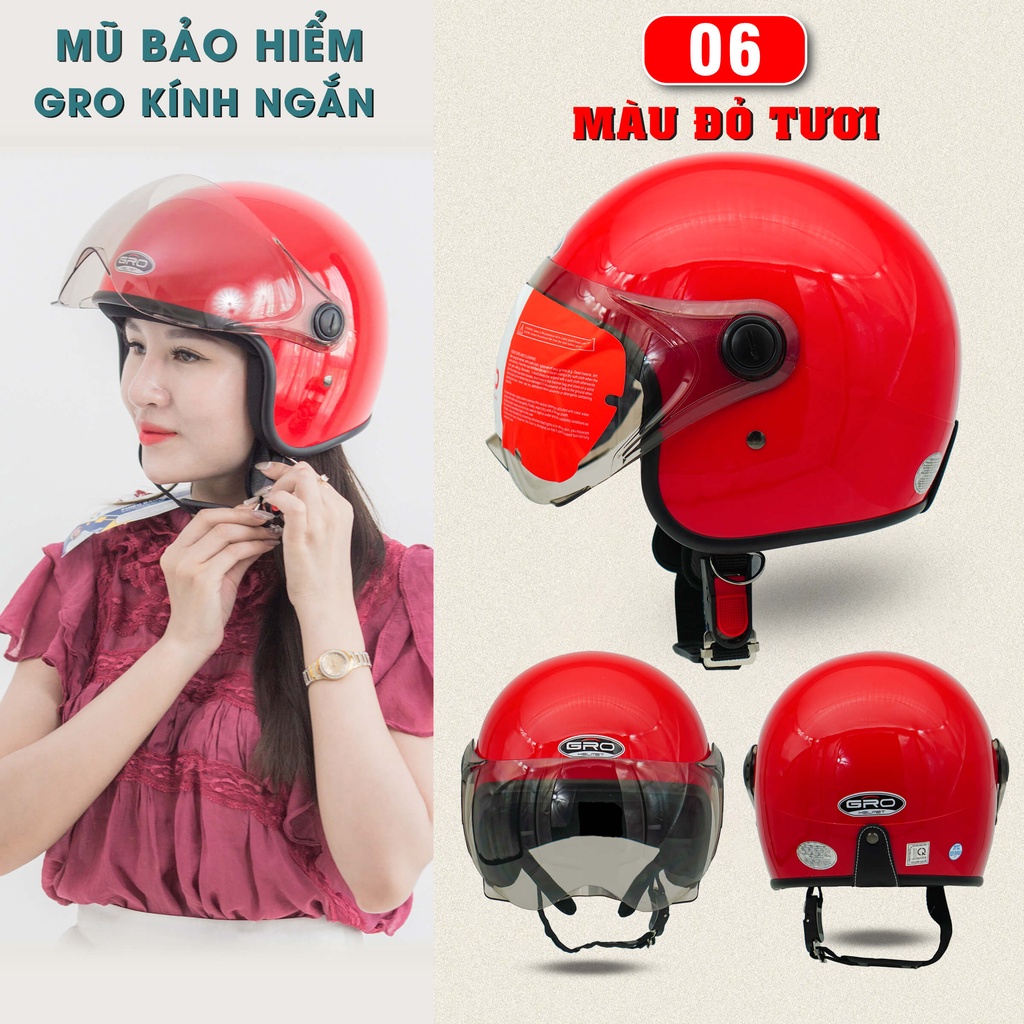 Mũ Bảo Hiểm 3/4 đầu GRO Helmet T818 có kính ngắn che nửa mặt, kiểu dáng thời trang cho nữ, khóa kim loại - Nhiều màu