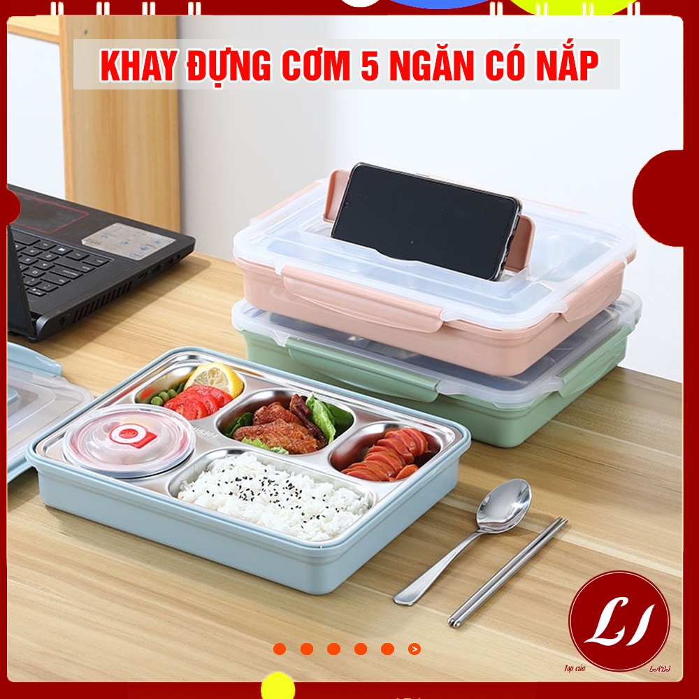 Khay cơm lõi INOX 5 NGĂN kèm đũa và thìa có nắp đậy tiện lợi