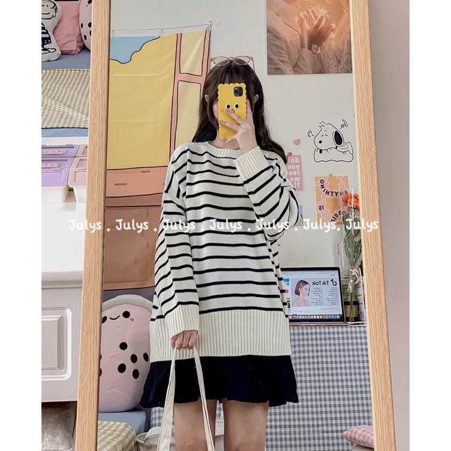 Áo len kẻ ngang cổ tròn 214 (ảnh shop chụp kèm video)