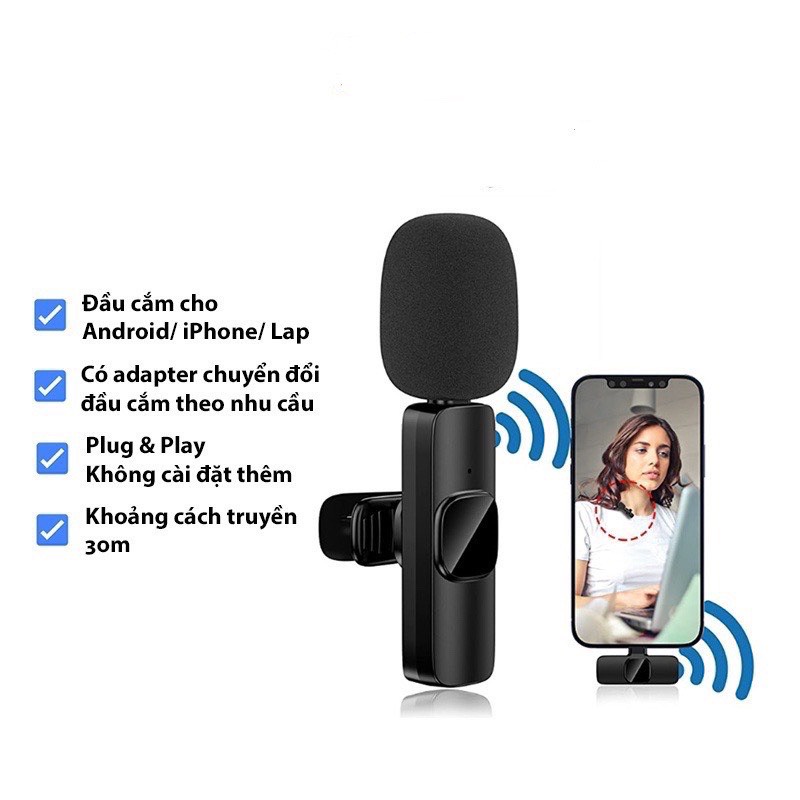 Micro thu âm không dây cài áo Gutek K9 khử tiếng ồn để livestream livetream ghi âm phát trực tiếp quay video