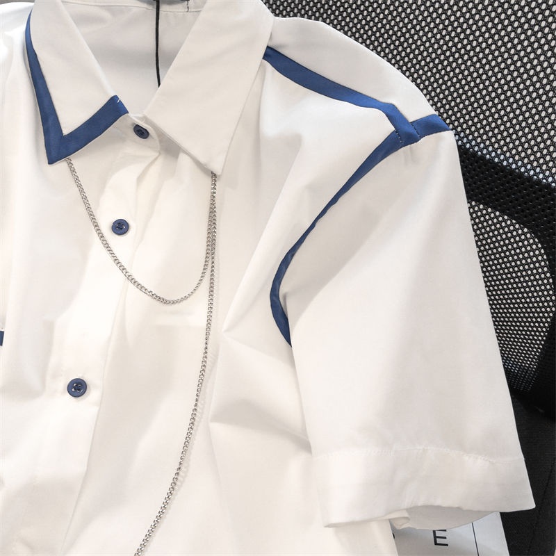 Áo Sơ Mi Tay Ngắn Dáng Rộng Phối Dây Chuyền Màu Sắc Tương Phản Phong Cách Nhật Bản Thời Trang Mùa Hè Cho Nam