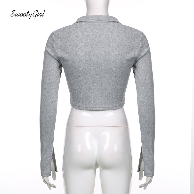 Áo Croptop Tay Dài Cổ Bẻ Màu Trơn Có Túi Thời Trang Cho Nữ