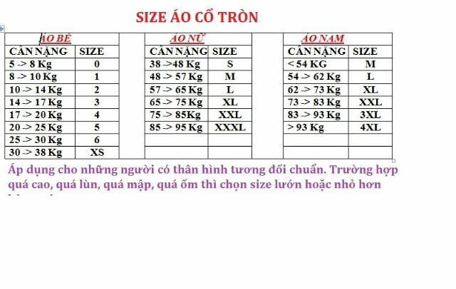 Áo thun gia đình size 5-100kg