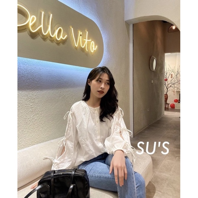 Áo SƠMI KIỂU TRENDY SHIRT màu trắng thiết kế chất vải đũi tay nơ chuẩn style hàn ullzang