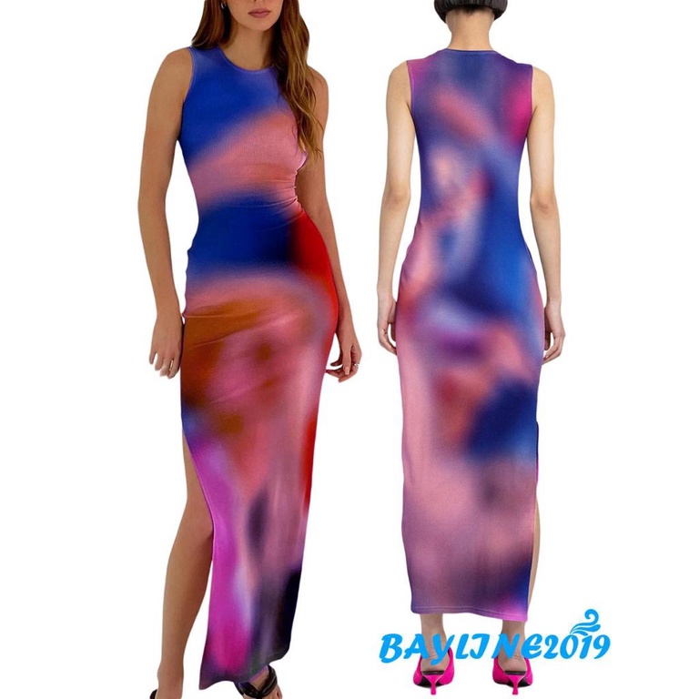 BAY-Women´s Summer Long Dress Sleeveless O Neck Tie Dye Print Side Split Skinny Dress
