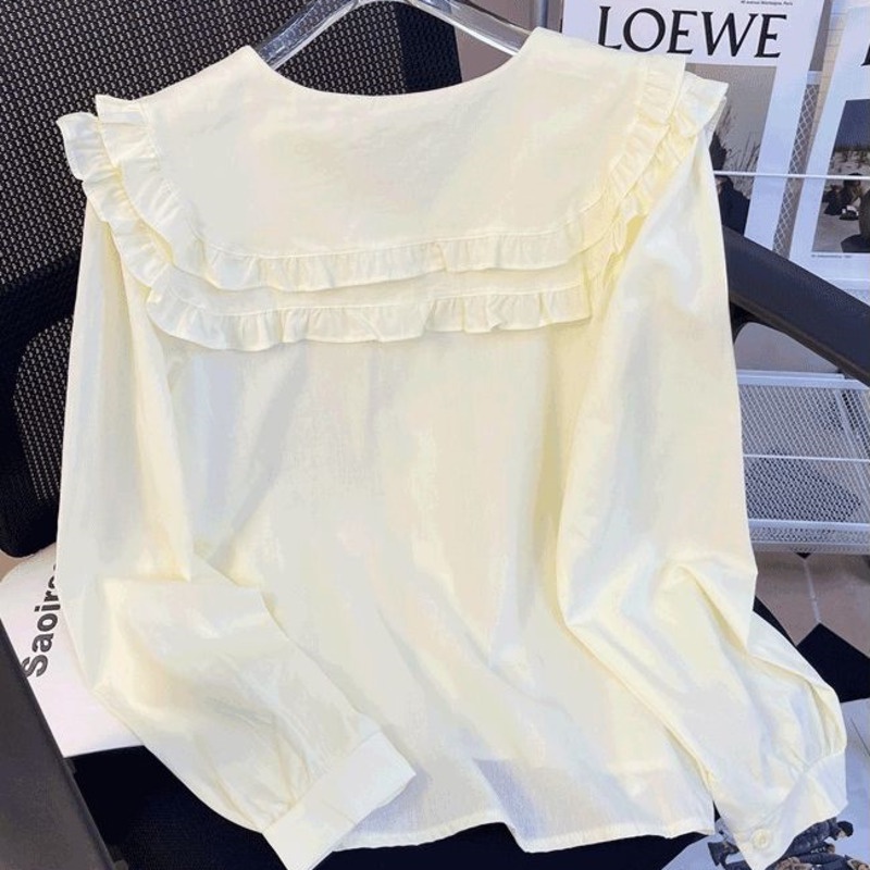 Áo Sơ Mi Tay Dài Dáng Rộng Cài Khuy Cổ Búp Bê Thêu Họa Tiết Màu Trơn Thoải Mái Thời