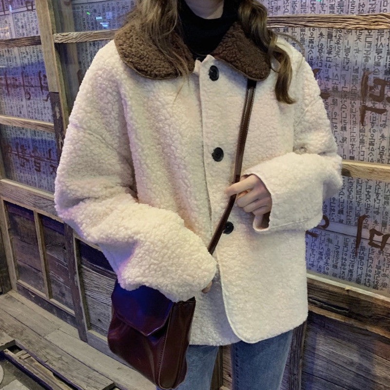 Áo Khoác Len Lông Cừu Tay Dài Cổ Búp Bê Màu Sắc Tương Phản Phong Cách Hàn Quốc Dành Cho Nữ