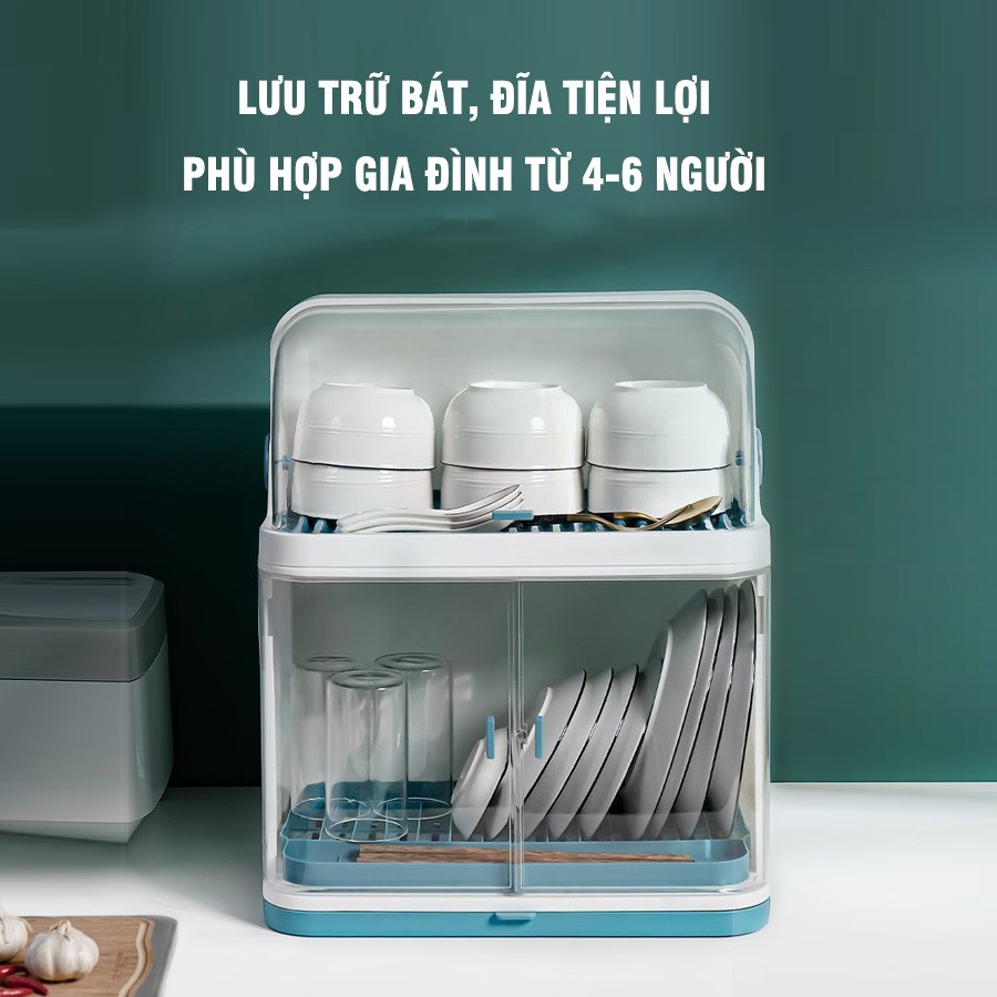 Kệ úp bát chén nhựa có nắp đậy có giá để bát đĩa VKIT KB02