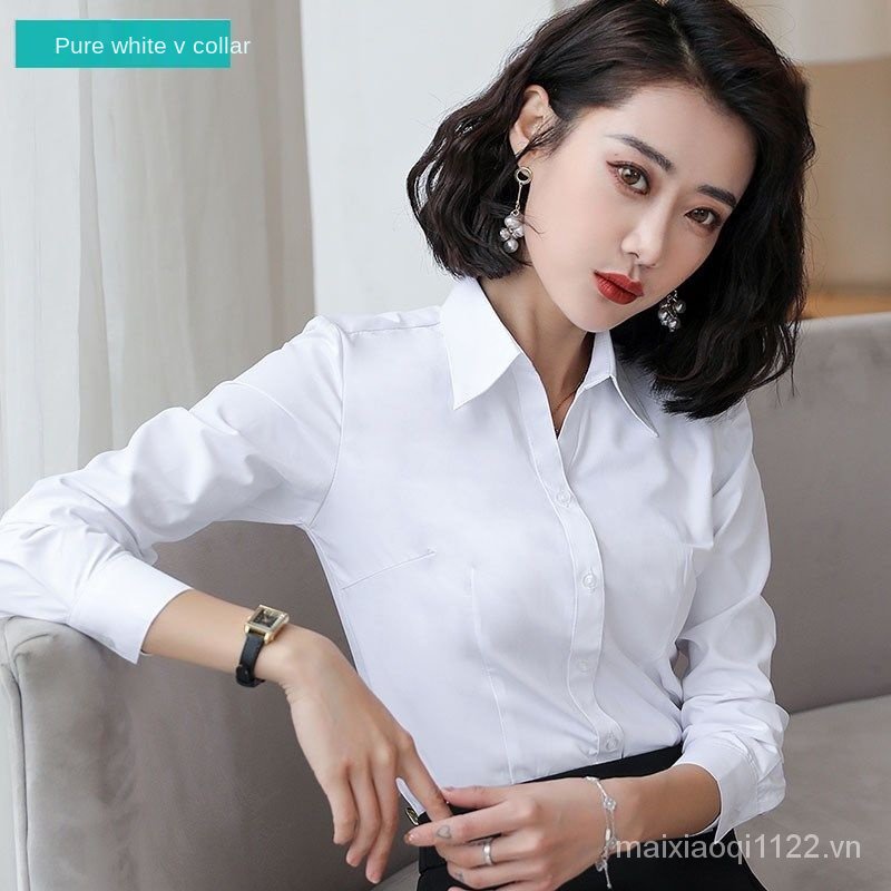 【Spot】S-5XL Áo thun cotton tay dài ôm dáng có móc giấu cổ áo sơ mi màu trắng phong cách Hàn Quốc cho nữ sinh