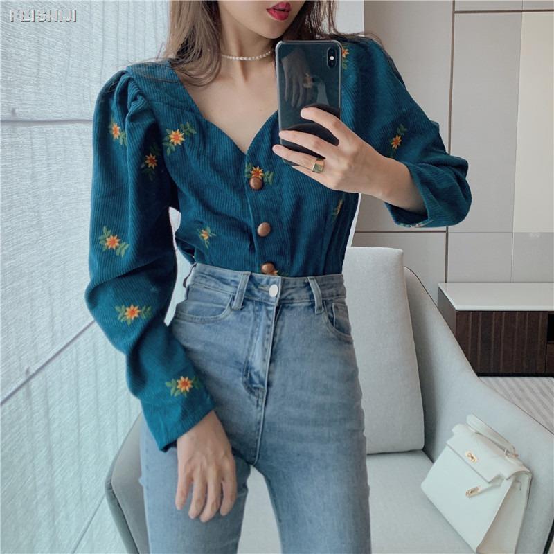 ☸Áo sơ mi tay dài cổ chữ V thêu hoa thiết kế mới dễ phối đồ