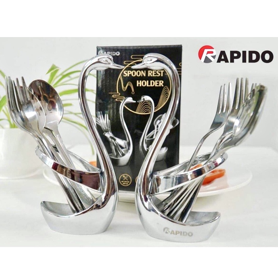 Bộ muỗng nĩa inox 304 chắc chắn hình thiên nga dùng ăn trái cây, bánh mứt, chính hãng rapido
