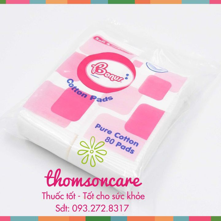 Bông tẩy trang Bonus gói 80 miếng vuông từ Thái Lan Pure Cotton Pads từ bông gòn tự nhiên