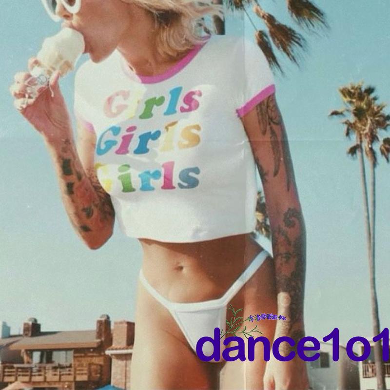 Áo Crop Top Tay Ngắn Cổ Tròn Ghép Vải In Hình Cho Nữ Khiêu Vũ1O1-Y2k