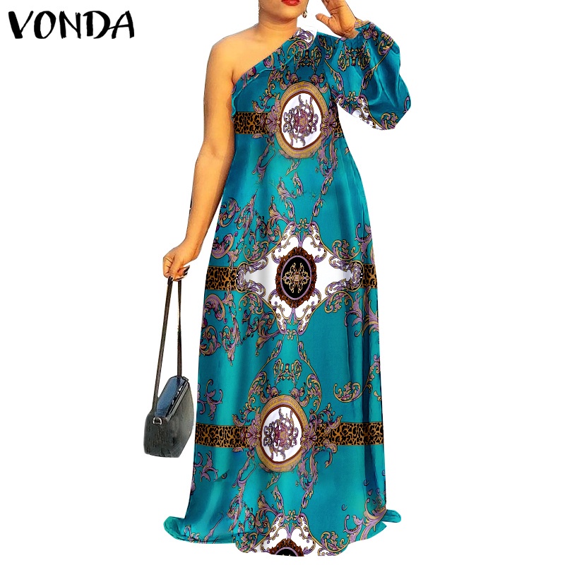 Đầm VONDA thiết kế một bên tay dài một bên hở vai in họa tiết phong cách vintage thời trang quyến rũ cho nữ