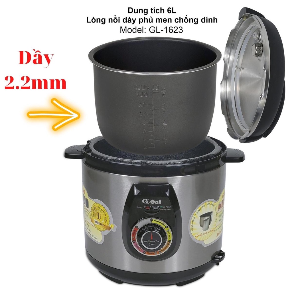 Nồi áp suất điện đa năng 6in1 Gali 6L, lòng nồi hợp kim nhôm dầy 2.2mm chống dình trong ngoài bảo hành 1 năm Moon store