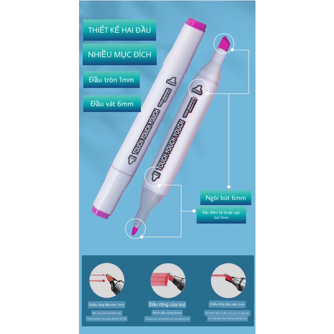 Bút màu dạ Marker Touch hai đầu cao cấp - Hộp nhựa kèm đế Bộ 30/36/48/60/80 màu chuyên nghiệp họa cụ tô màu vẽ tranh