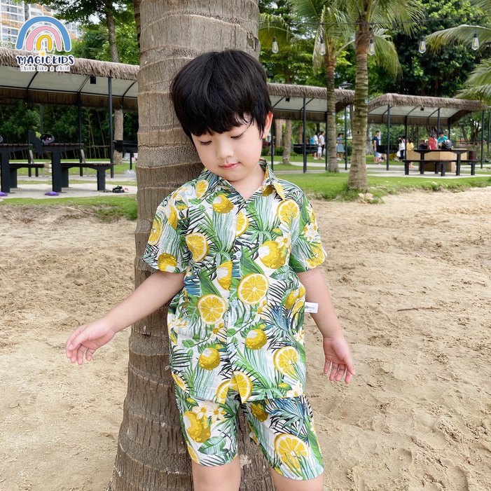 Đồ bộ đi biển bé trai bé gái 1 2 3 4 5 6 7 8 tuổi Magcikids Áo sơ mi quần đùi chất tơ đũi mềm mại Quần áo trẻ em BR22005