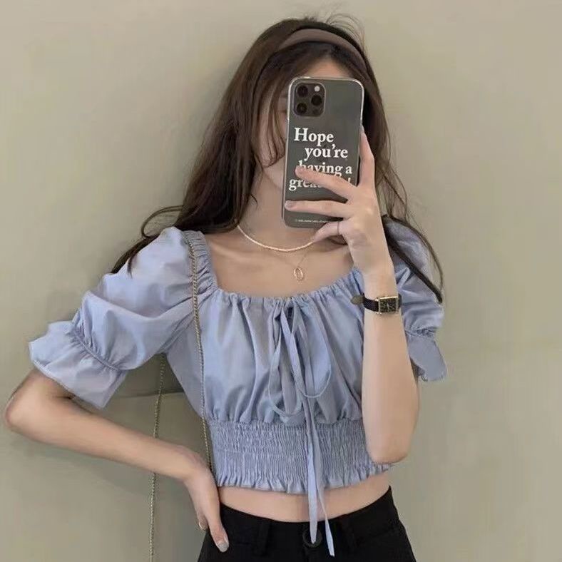Mùa hè 2022 phiên bản mới của Hàn Quốc của áo sơ mi tay phồng buộc vạt mỏng thiết kế dành cho phụ nữ xu hướng ngắn hàng