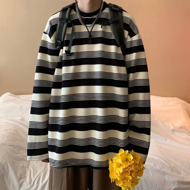 Áo Thun Dệt Kim Tay Dài Cổ Tròn Dáng Rộng Họa Tiết Kẻ Sọc Màu Sắc Tương Phản Phong Cách Hàn Quốc Thời Trang Xuân Thu Cho Nam