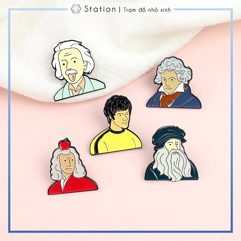 Pin cài áo vĩ nhân nổi tiếng thế giới Newton/ Einstein/ Beethoven/ Da Vinci/ Bruce Lee Lý Tiểu Long  -  GC436